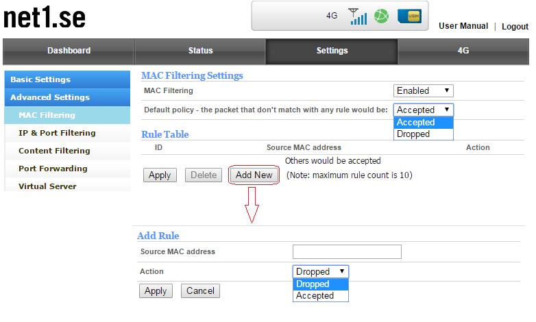 IP/Port Filtering On this page rules for IP/Port Filtering can be added.