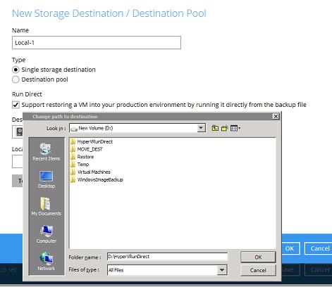 6. Select the backup storage destination. Note 1. For Hyper-V backup sets by the default the Run Direct feature is enabled. 2.
