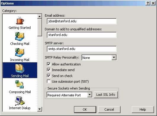 Configuring Eudora/POP 2.6 Click the Sending Mail icon. The recommended settings are: a. Email address: your sunetid@stanford.edu b. Domain to add to unqualified addresses: stanford.edu c.