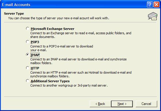 Figure 12 Add a New Email Account 3.4 Select IMAP as the server type and click Next.