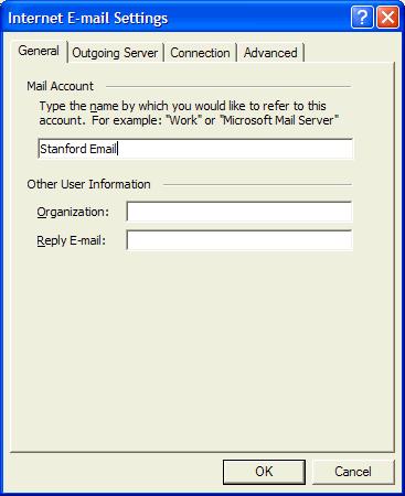 Configuring Outlook 2002 (XP) IMAP 3.7 With the General tab selected, enter a name for your mail account, such as Stanford Email.