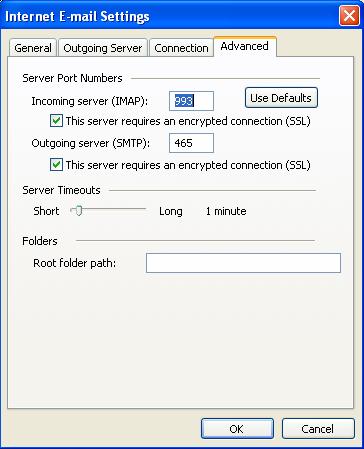 Configuring Outlook 2002 (XP) IMAP 3.9 Click the Advanced tab. Under the Server Port Numbers area, enter the following information for outgoing mail: a.