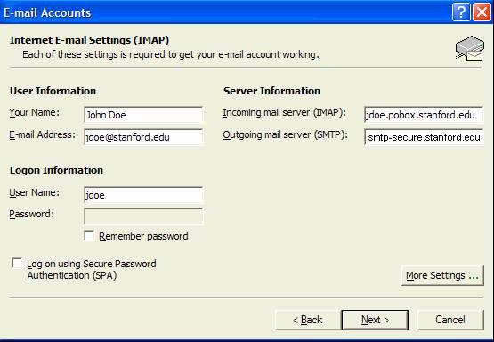 Configuring Outlook 2002 (XP) IMAP 3.10 In the Internet E-mail Settings window, click Next.