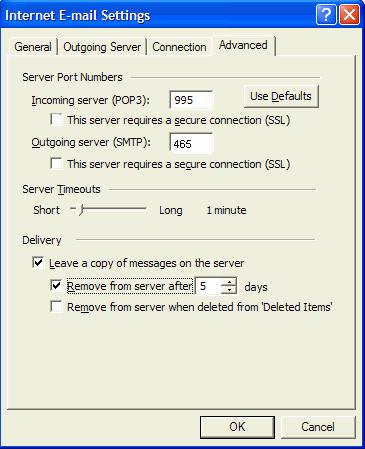 Configuring Outlook 2002 (XP) POP 5.8 Click the Advanced tab. Under the Server Port Numbers area, enter the following information for outgoing mail: a. Incoming server (POP): 995 b.