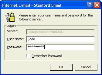 Configuring Outlook 2002 (XP) POP 6.3 You will be prompted for your password. Enter your SUNet ID password. Leave the Remember Password box unchecked. 6.4 Click the message you wish to read.