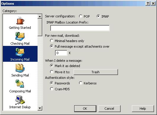 Configuring Eudora/IMAP 1.5 Click the Incoming Mail icon. Please note Authentication Styles = Passwords! The recommended settings are: a.