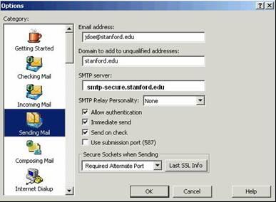 Configuring Eudora/IMAP 1.6 Click the Sending Mail icon. The recommended settings are: a. Email address: your sunetid@stanford.edu b. Domain to add to unqualified addresses: stanford.edu c.