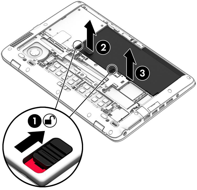 2. Use the release tab (2) to lift the rear edge of the battery (3) until the battery rests at an angle.