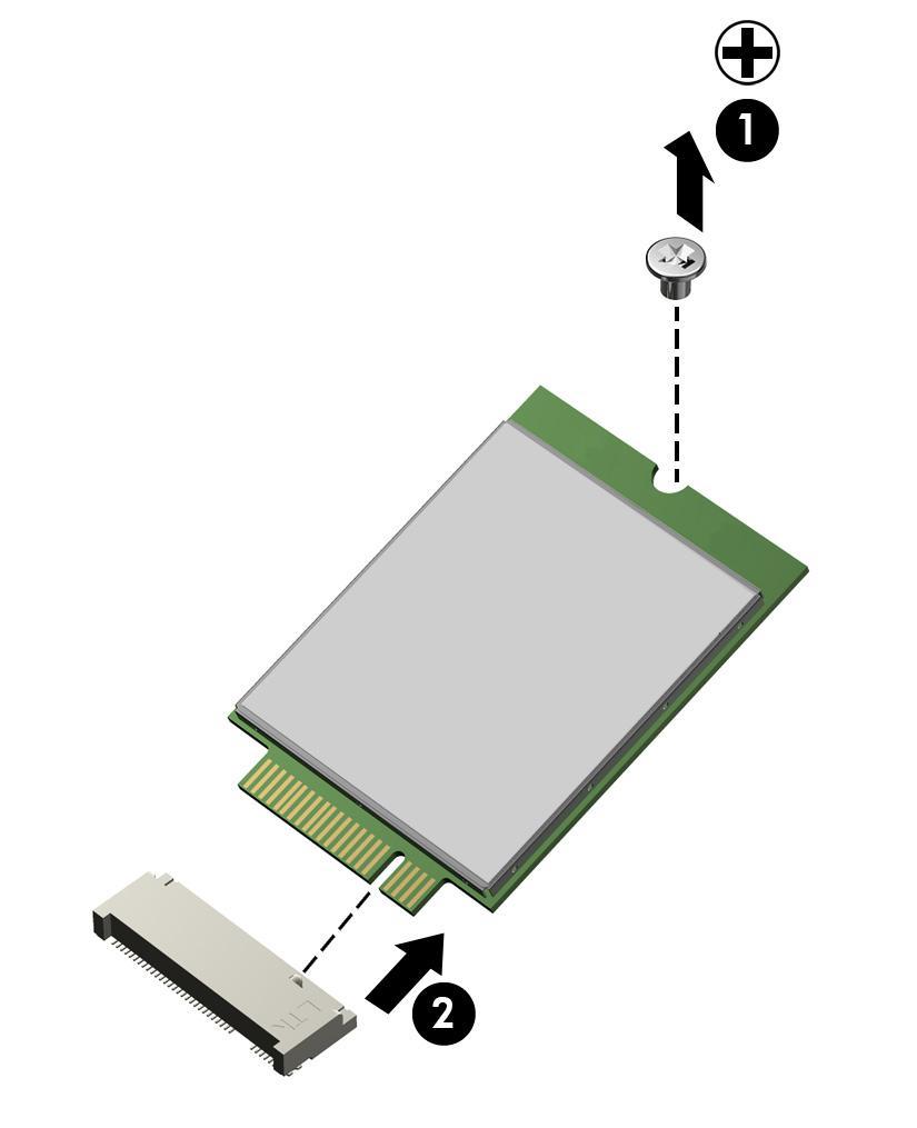 2. Remove the solid-state drive (2) by pulling the drive away from the slot at an angle.