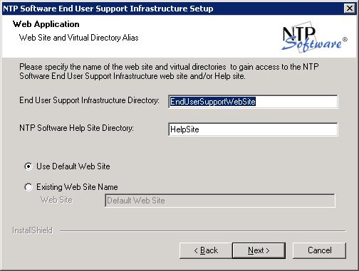 9. In the Web Application dialog box, you are prompted to enter the NTP Software End User Support Infrastructure website and NTP Software Help Site virtual