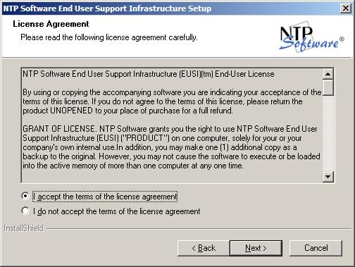 4. In the License Agreement dialog box, select I accept the terms of the license agreement and then click the Next button.