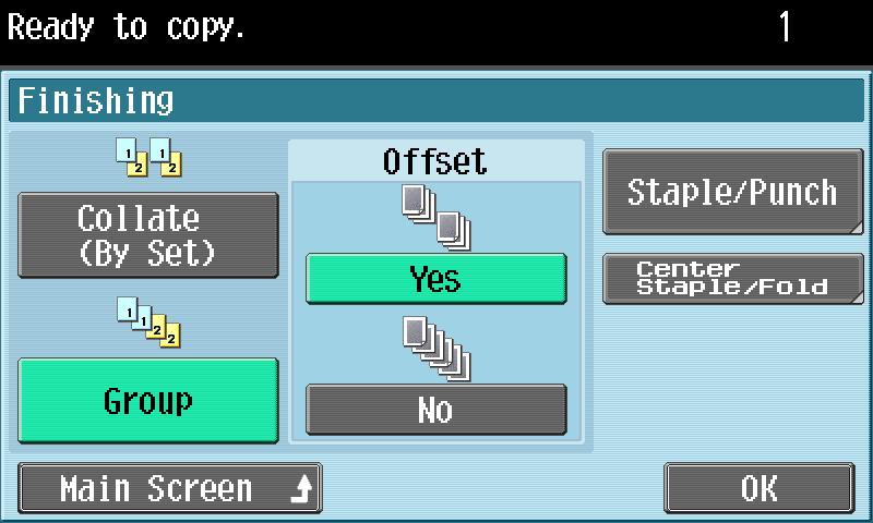 Using copy functions.7. Selecting a folding or binding setting In the Basic screen, touch [Finishing]. Touch [Center Staple/Fold] or [Center Staple & Fold].
