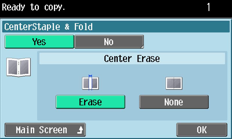 the button for the desired Center Erase setting. To erase the area along the center, touch [Erase].