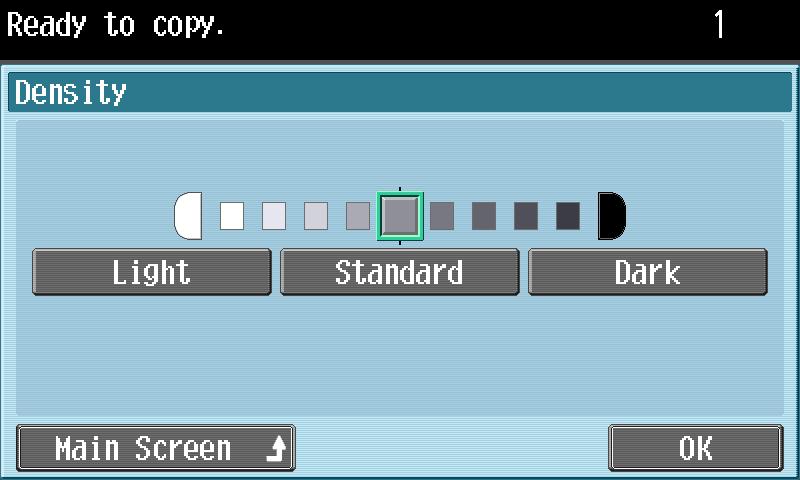 Using copy functions Select the desired Density setting. Each time [Light] or [Dark] is touched, the density is lightened or darkened by one level.