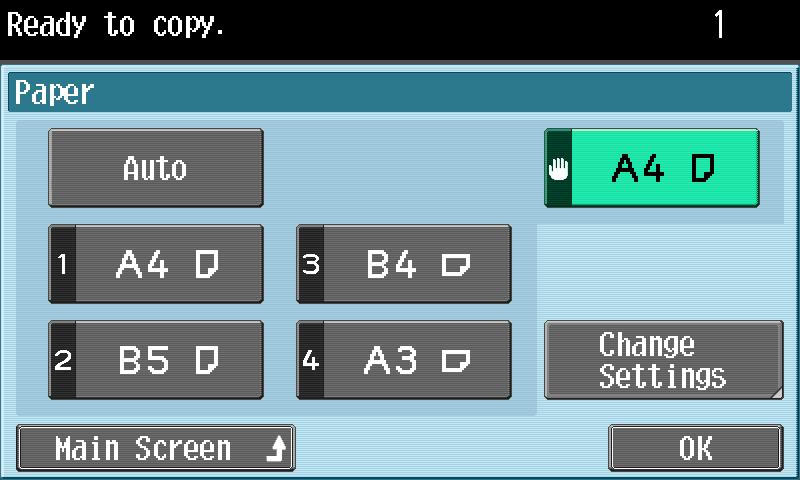 Using copy functions In the Basic screen, touch [Paper]. The Paper screen appears. Touch the button for the bypass tray, and then touch [Change Settings].