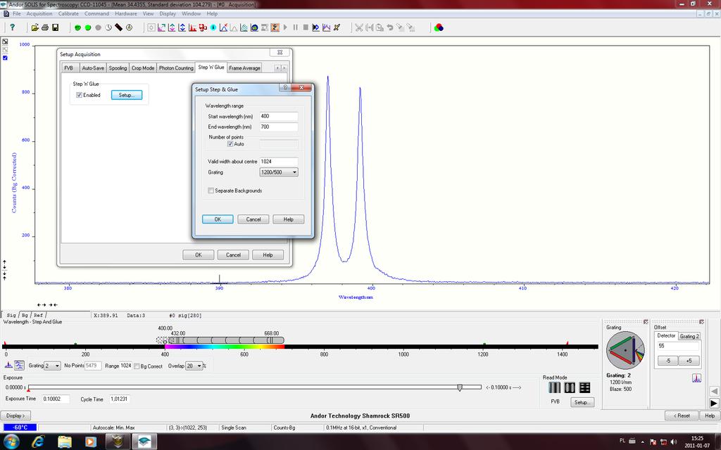 Picture 4. CCD camera and spectrometer software menu showing spectrum stitching: 1 wavelength range selection. 34. Record and save the spectrum for the grating with 1200 lines/mm. 35.
