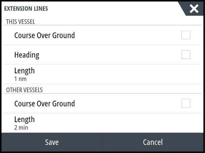 Extension lines The length of the extension lines for your vessel and for other vessels can be set by the user.