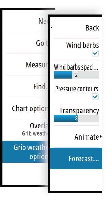 When the GRIB weather overlay is selected, the chart menu increases to show GRIB weather options.