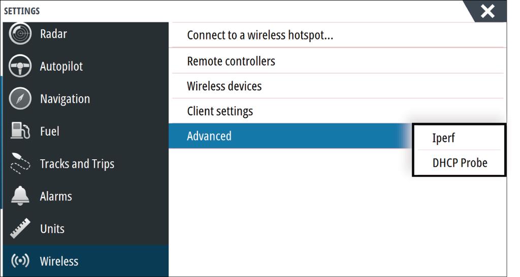 Client settings Opens the Wireless Client Settings dialogue, which shows networks previously connected to, regardless of whether they are currently visible or not.