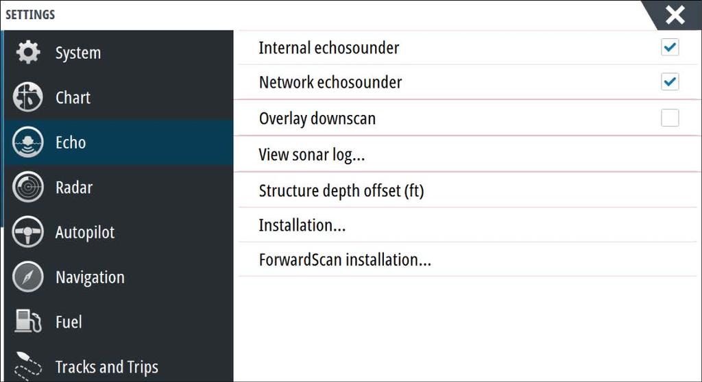 Echosounder settings Internal Echosounder Select to make the internal Echosounder available for selection in the Echosounder menu.