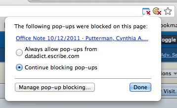 Allowing Popups in Google Chrome The Printing Blocked dialog box (Figure 1) opens when Google Chrome is set to block popups. Popups must be allowed to print from escribe.