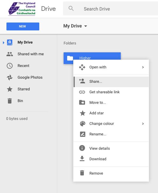 HOW TO SHARE A FOLDER To share a Google Drive folder is very similar to sharing a document. Inside Google Drive, right click on the folder you want to share and select the Share option.