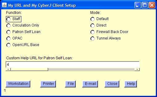 This window will produce output as follows: Setup values for the function Patron Self Loan via mode Direct CyberJ Desktop Client New/Edit Application field values Application Name = Patron Self Loan