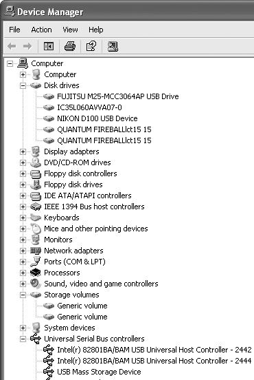 Windows Step 3 Confirm that NIKON D100 USB Device, Generic Volume, and USB Mass Storage Device are listed respectively under Disk drives, Storage volumes, and Universal Serial Bus controllers.