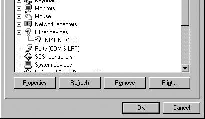 Windows Step 3 Confirm that NIKON D100, Nikon Dig i tal Cam era Con trol ler, and Nikon Digital Cam era Mass Storage Driver are listed re spec tive ly under Disk drives, Hard disk con trol lers,