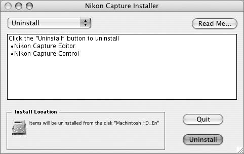 Installing Nikon Capture 4 on a Macintosh. 2Select Uninstall from the menu at the top left corner of the Nikon Capture Installer dialog.