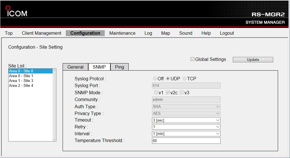 Site Setting > SNMP These settings are configured in the CS-FC5000. See the CS-FC5000 USER SETTING MANUAL or ask your system manager for details.