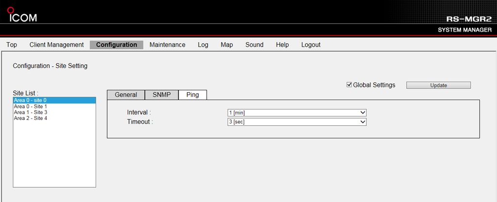 Site Setting > Ping Global Settings When this item is checked, the same value of the SNMP and Ping tab items are set in all sites. <Update> Click to update all the setting data.