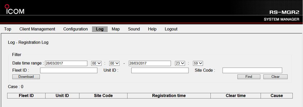 Section 5. Log On this screen, you can search or download Registration Log, Communication Log, Traffic Log, and Search Log.