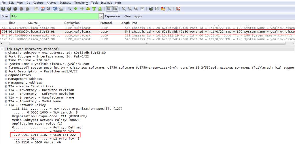 The following figure shows the LLDP packet received by the phone, the packet contains multiple TLVs (sent by the switch).