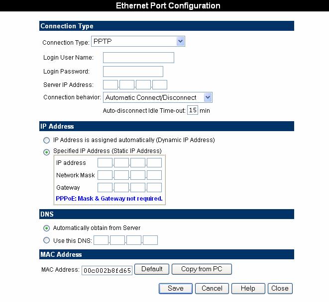 The Ethernet (WAN) Port Configuration Screen To determine which method to use, contact the System Administrator. The following screen shows all the available settings. Figure 18.