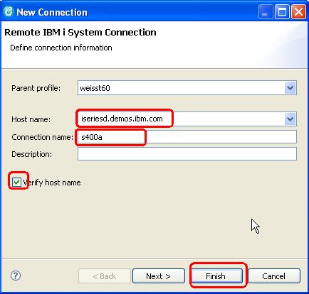 Connection Host name information: Don't use s400a, this is a generic name that we used. If you use the IBM i server on the internet, use: iseriesd.demos.ibm.com as the Host name.