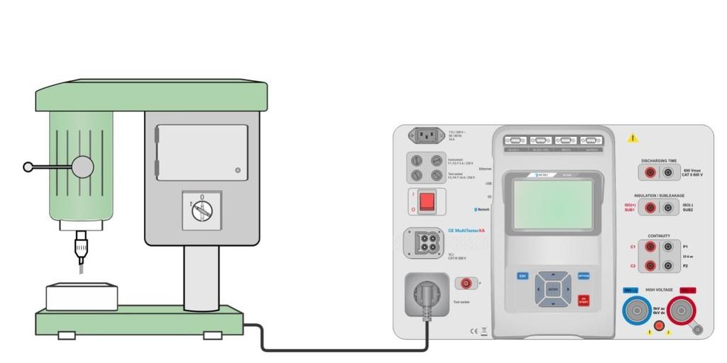Select the Discharging Time function. Set test parameters / limits. Connect test leads to the DISCHARGING TIME terminals on the instrument and on the device under test.