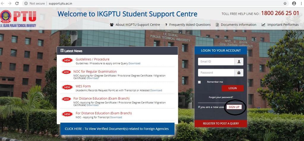ptu.ac.in) Click on Student Support Centre (support.
