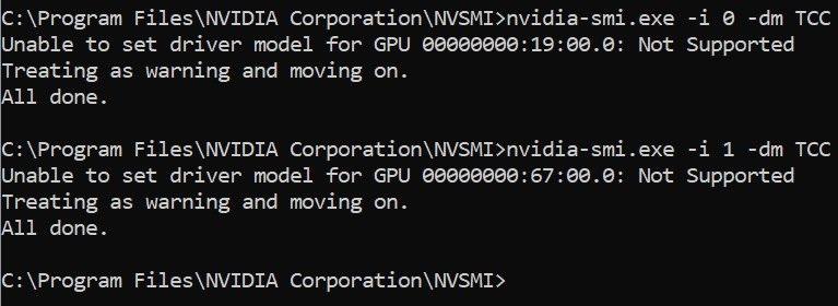 These screenshots from the Windows command line show peer-to-peer bandwidth across cards with different types of NVLink bridges installed.