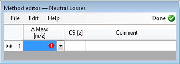 Instrument Setup Dialog Boxes of the Experiment Setup Page The table shows the mass delta of the neutral loss and the charge state of the precursor ion.