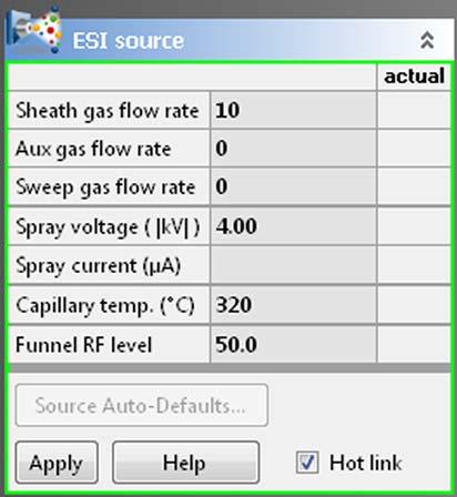 Explore Q Exactive HF-X Tune Tasks Panel ESI Source Window Use the ESI source window to specify electrospray ionization (ESI) source parameters.