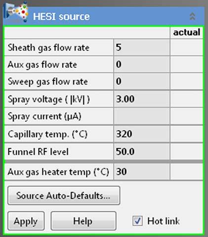 Explore Q Exactive HF-X Tune Tasks Panel HESI Source Window Use the HESI source window to specify heated-electrospray ionization (H-ESI) source parameters.