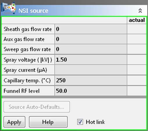 Explore Q Exactive HF-X Tune Tasks Panel Buttons Source Auto-Defaults Apply Help Hot Link Displays the Autoselect ion source values dialog box. Sends all changes to the instrument.