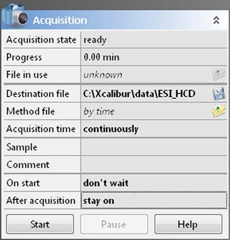Explore Q Exactive HF-X Tune Tasks Panel Acquisition Window Use the Acquisition window to enter parameters for acquiring and storing scan data as well as to monitor the progress of the active