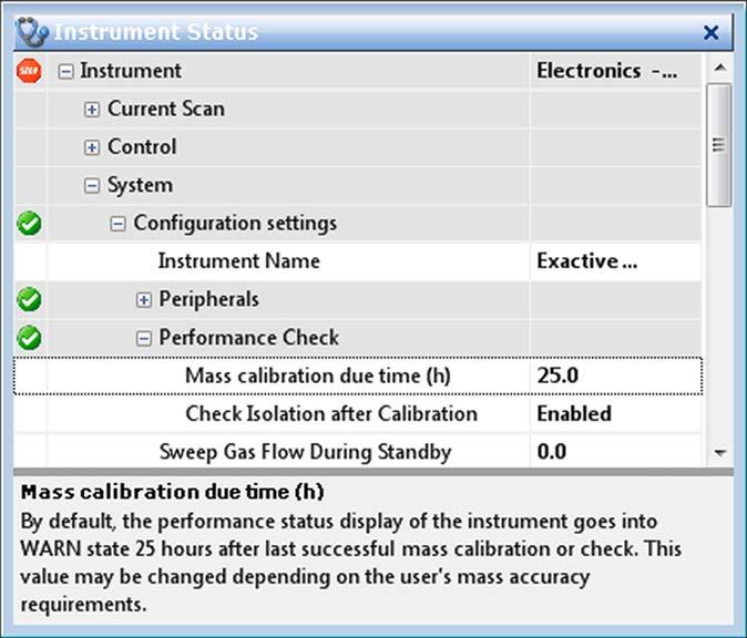 Procedures in Q Exactive HF-X Tune Changing Default Settings of Q Exactive HF-X Tune 2. In the instrument status window, click Instrument > System > Configuration settings > Performance Check.