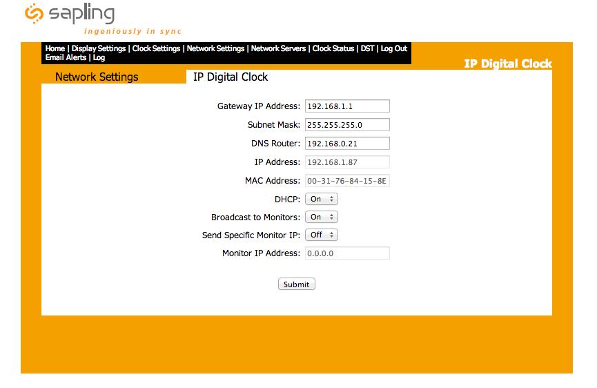 Web Interface - Network Settings Synchronized Clock Systems 7 8 9 3 4 5 6 0. Gateway IP Address - This field allows the user to set the gateway IP address.