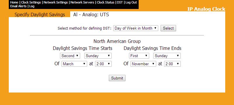 Web Interface - Daylight Saving Time. Method for Defining DST - There are four methods for defining Daylight Saving Time. The method can be selected from the drop-down menu.