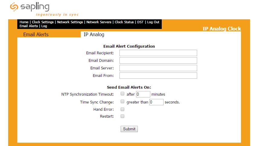 Web Interface - Email Alerts Synchronized Clock Systems 3 4 5 6 7. Email Recipient - This field is where the user enters the name of the email alert recipient.