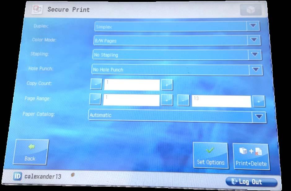 8 Select the OPTIONS key This screen allows you to select whether or not you want your prints to be double sided (DUPLEX