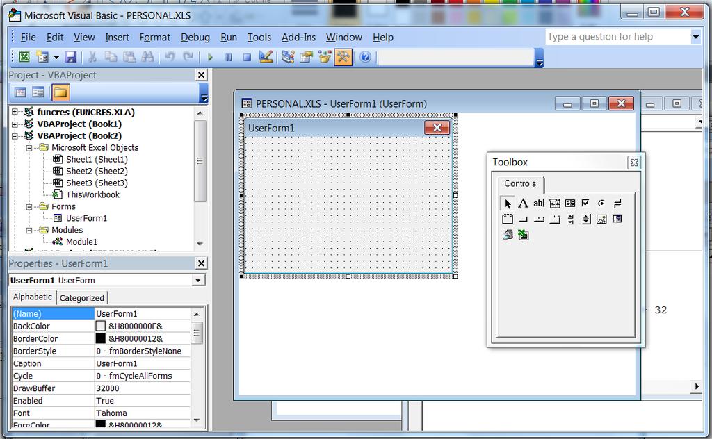 Select VBAProject (PERSONAL.XLS) in the Project Explorer as shown and choose INSERT USERFORM. A blank window (called a Form in VB) will appear as shown in Figure 3.
